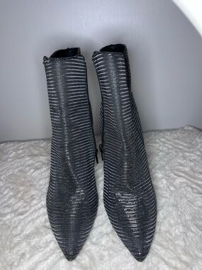 Metallic Silver/Black Pointed Toe Ankle Boots